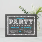 Teen Boy Birthday Invitation, Chalkboard, Blue Kaart (Staand voorkant)