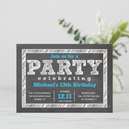 Teen Boy Birthday Invitation, Chalkboard, Blue Kaart (Staand voorkant)