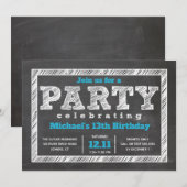 Teen Boy Birthday Invitation, Chalkboard, Blue Kaart (Voorkant / Achterkant)