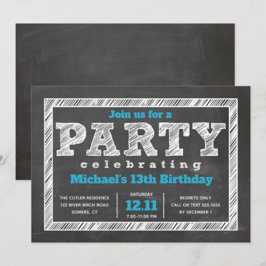 Teen Boy Birthday Invitation, Chalkboard, Blue Kaart (Voorkant / Achterkant)