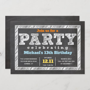 Teen Boy Birthday Invitation Chalkboard Multicolor Kaart