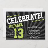 Teen Boy Birthday Invitation, Lime Green en Black Kaart (Voorkant)