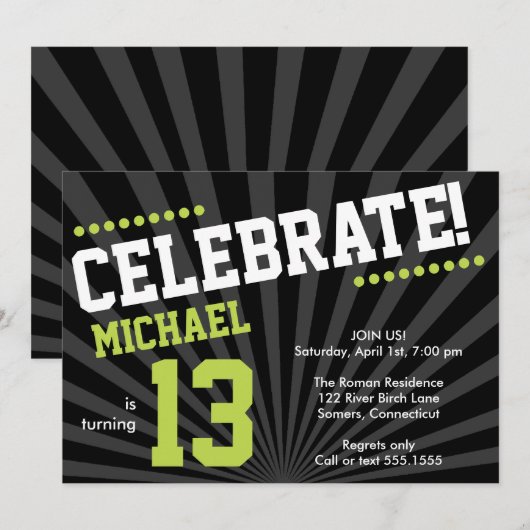 Teen Boy Birthday Invitation, Lime Green en Black Kaart (Voorkant / Achterkant)