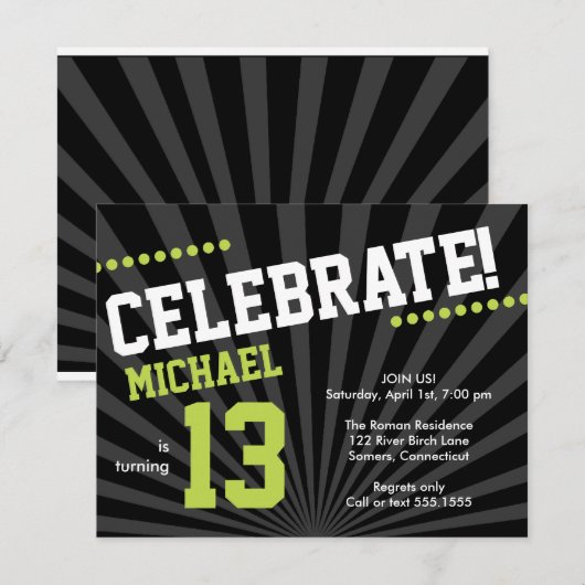 Teen Boy Birthday Invitation, Lime Green en Black Kaart (Voorkant / Achterkant)