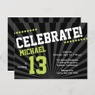 Teen Boy Birthday Invitation, Lime Green en Black Kaart