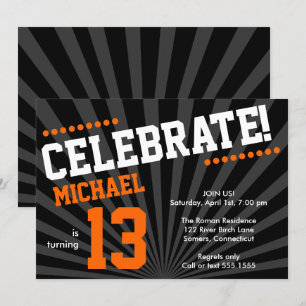 Teen Boy Birthday Invitation, Oranje en zwart Kaart