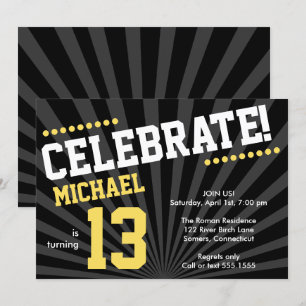 Teen Boy Birthday Uitnodiging, Geel en Zwart Kaart