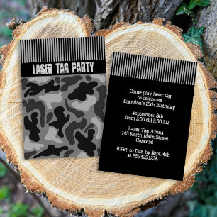 Teen Boy's Black Camo Laser Label Party Invitation Kaart