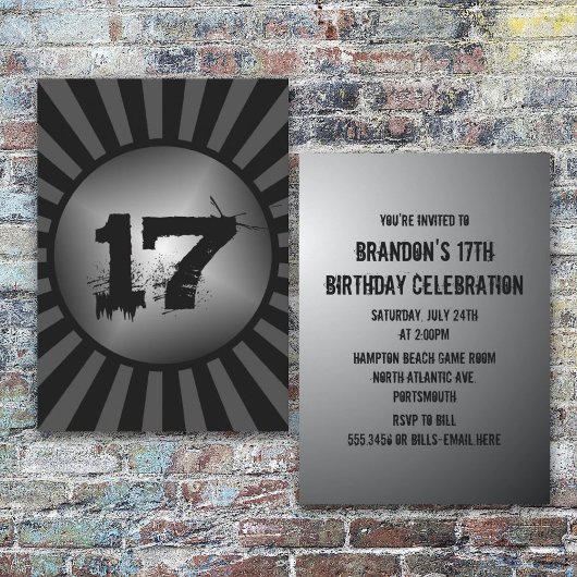 Teen Boys Black en Gray Custom Birthday Invite Kaart