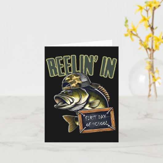 Teen Boys Fishing Reeling In First Day Of School B Kaart (Gele Bloem)