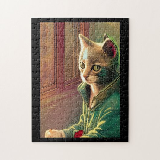 Teen cat green sweater urban alien legpuzzel (Verticaal)