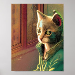 Teen cat green sweater urban alien poster