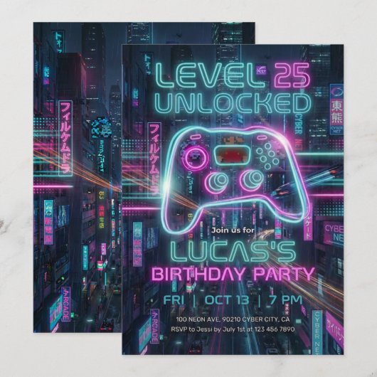 Teen Gamer Birthday Invitation Cyberpunk Game Kaart (Voorkant / Achterkant)