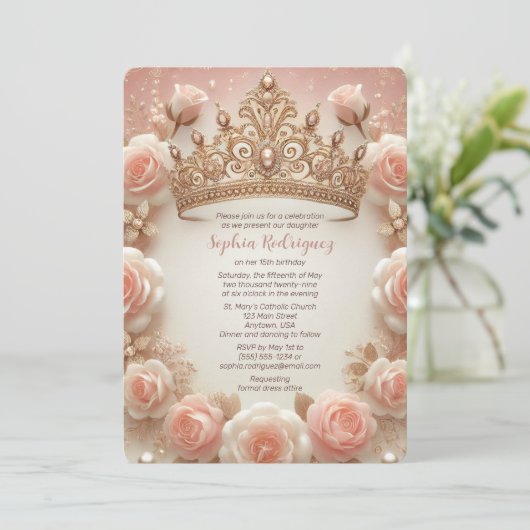 Teen Girl Elegante Blush Rozen Crown Quinceañera Kaart (Staand voorkant)