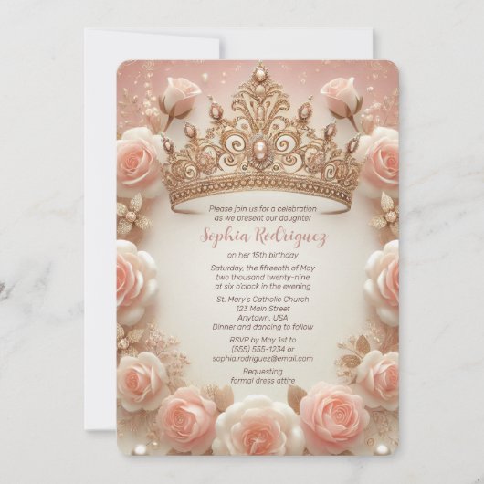 Teen Girl Elegante Blush Rozen Crown Quinceañera Kaart (Voorkant)