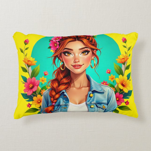 Teen Girl Esthetisch - Bloemen Cartoon Portret Accent Kussen (Voorkant)
