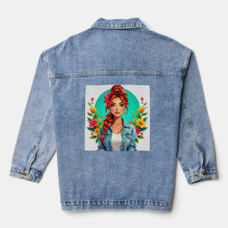 Teen Girl Esthetisch - Bloemen Cartoon Portret Denim Jacket
