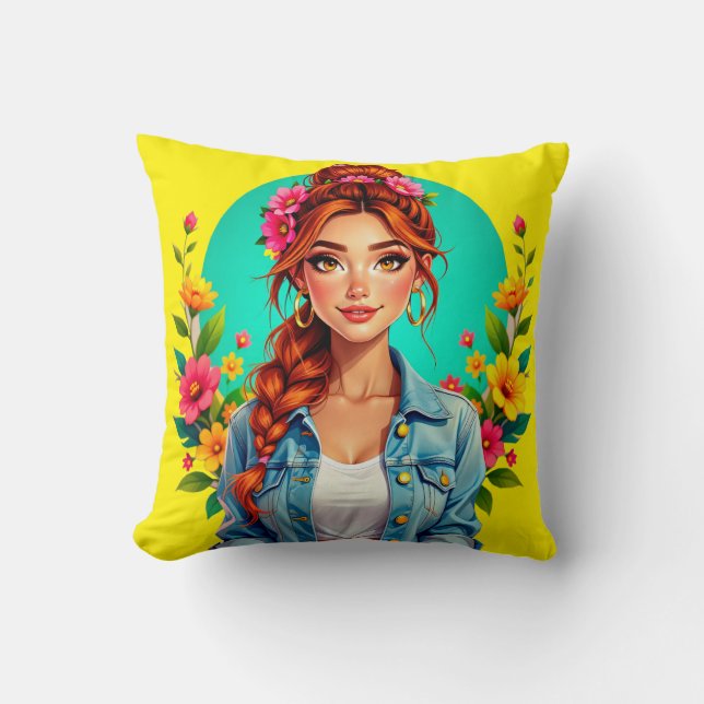 Teen Girl Esthetisch - Bloemen Cartoon Portret Kussen (Voorkant)