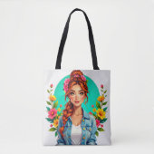 Teen Girl Esthetisch - Bloemen Cartoon Portret Tote Bag (Voorkant)