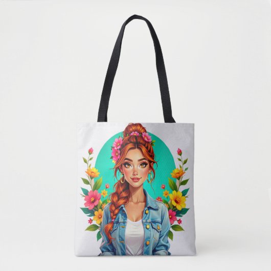 Teen Girl Esthetisch - Bloemen Cartoon Portret Tote Bag (Voorkant)