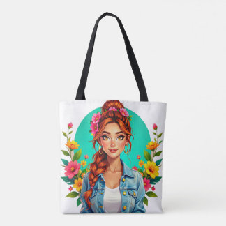 Teen Girl Esthetisch - Bloemen Cartoon Portret Tote Bag