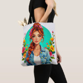Teen Girl Esthetisch - Bloemen Cartoon Portret Tote Bag (Dichtbij)