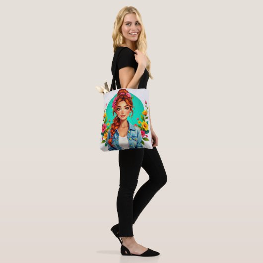 Teen Girl Esthetisch - Bloemen Cartoon Portret Tote Bag (Op model)