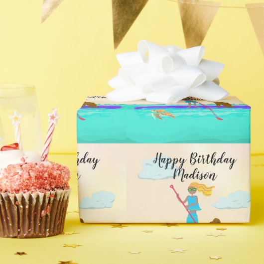 Teen Girl Paddleboard Happy Birthday - persoonlijk Cadeaupapier (Verjaardagsfeest)