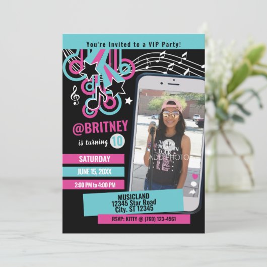 Teen Music Star Photo Birthday Invitation Kaart (Staand voorkant)