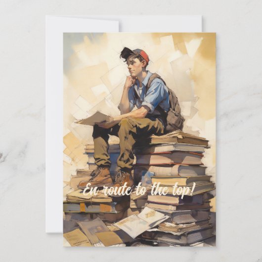 Teen op een stapel boeken aankondiging (Voorkant)