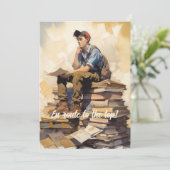 Teen op een stapel boeken aankondiging (Staand voorkant)
