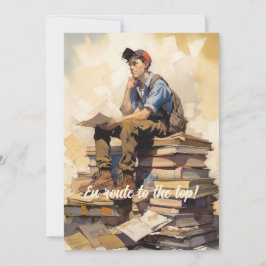 Teen op een stapel boeken aankondiging