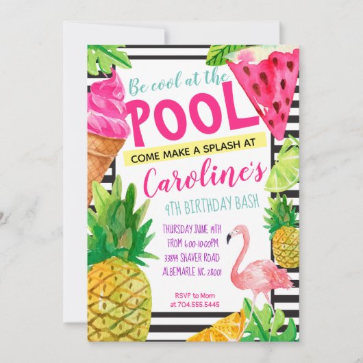 Teen Pool Party, Flamingo, Pineapple Invitation Kaart (Voorkant)