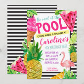 Teen Pool Party, Flamingo, Pineapple Invitation Kaart (Voorkant / Achterkant)