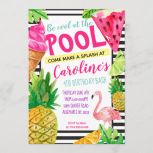 Teen Pool Party, Flamingo, Pineapple Invitation Kaart