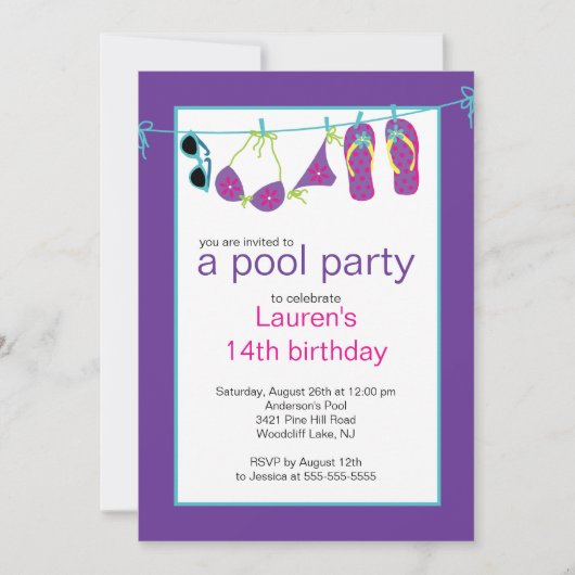 Teen Pool Party Invitation Teenslipper Clothesline Kaart (Voorkant)