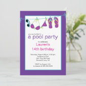 Teen Pool Party Invitation Teenslipper Clothesline Kaart (Staand voorkant)
