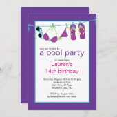 Teen Pool Party Invitation Teenslipper Clothesline Kaart (Voorkant / Achterkant)