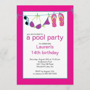 Teen Pool Party Invitation Teenslipper Clothesline Kaart