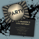 Teen Sons Birthday Party Grunge Black Invitations Kaart<br><div class="desc">Verjaardag uitnodiging voor de tienerjongen. Zwarte en vieze gouden kleuren met een grijze tekenstijl op een horizontale kaart. Grote "Partij" die vooraan staat,  met een drukke tekst op de achterkant. Pas gemakkelijk met zo vele lijnen van tekst aan zoals nodig in paragraafvorm.</div>