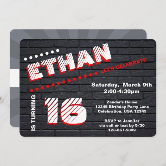 Teen/Tween Graffiti Brick Wall Birthday Boy Party Kaart (Voorkant / Achterkant)