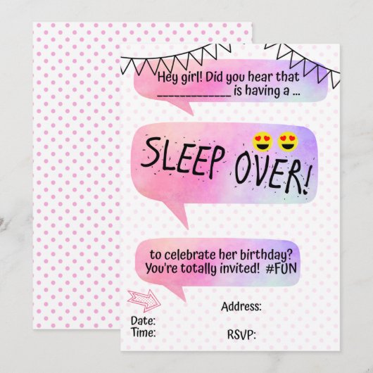 Teen Tween Sleeopver Birthday Party Kaart (Voorkant / Achterkant)