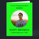 Teenage Grandson Foto 14th BIG Birthday Kaart<br><div class="desc">Tienage Grandson Foto 14th BIG Birthday Kaart uit oma en opa. Tweak dit aan je favoriete naam, zoals grootmoeder, grootmoeder, grootmoeder. De tiener verjaardag! Voor de leeftijd van 14. Alternatief, kunt u om het even welke LEEFTIJD van verjaardag-13th, 15th, 16th, 17th, 18th toevoegen uw eigen geselecteerde foto in een helder...</div>