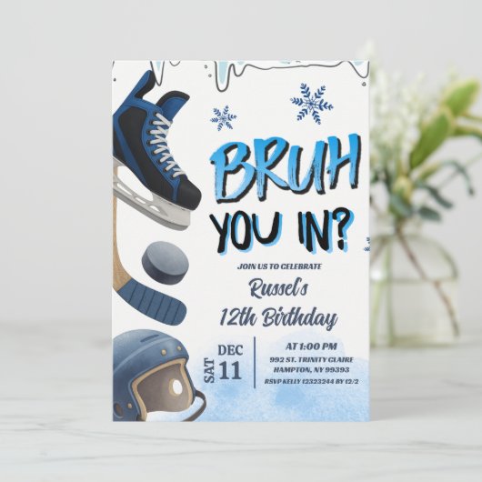 Teenager Hockey Skate Bruh You In Party Invitation Kaart (Staand voorkant)