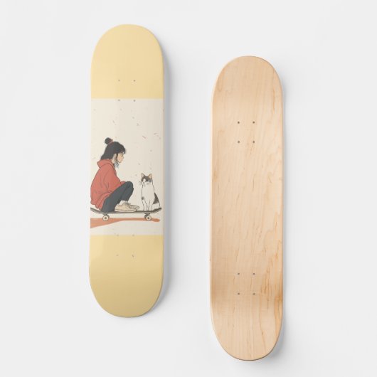 Teenager sitting on skateboard and next to his cat (Voorkant)