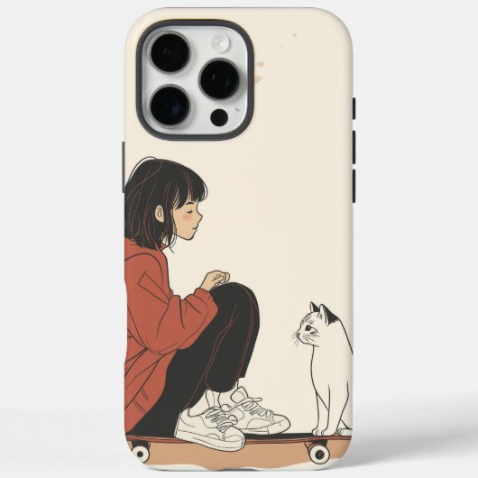 Teenager sitting on skateboard and next to his cat Case-Mate iPhone case (Achterkant)