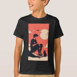 Teenager sitting on skateboard and next to his cat t-shirt