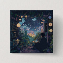 teenager sitting on window Lofi style relaxed  Vierkante Button 5,1 Cm