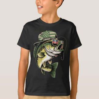 Teens boy camo bass fishing american flag fishing t-shirt