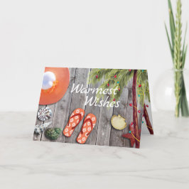 Teenslippers, palmboom, kerstverlichting strand feestdagen kaart